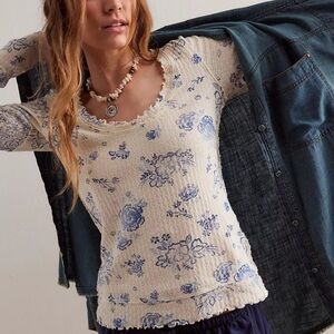 Free People Cream and Blue Floral Top